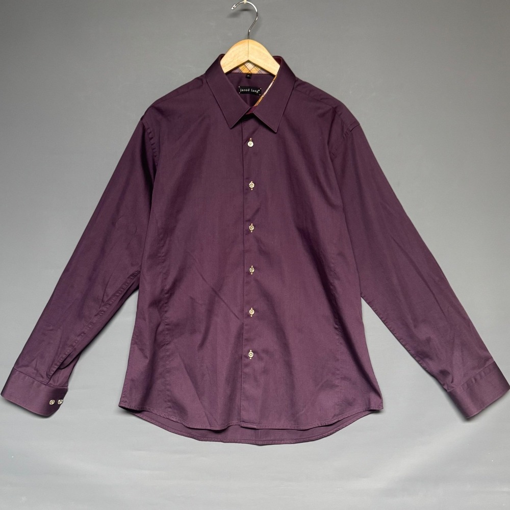 Jared‎ Lang Mens XL Purple Button Down Shirt Plaid Trim Roll Tab Sleeve Cotton